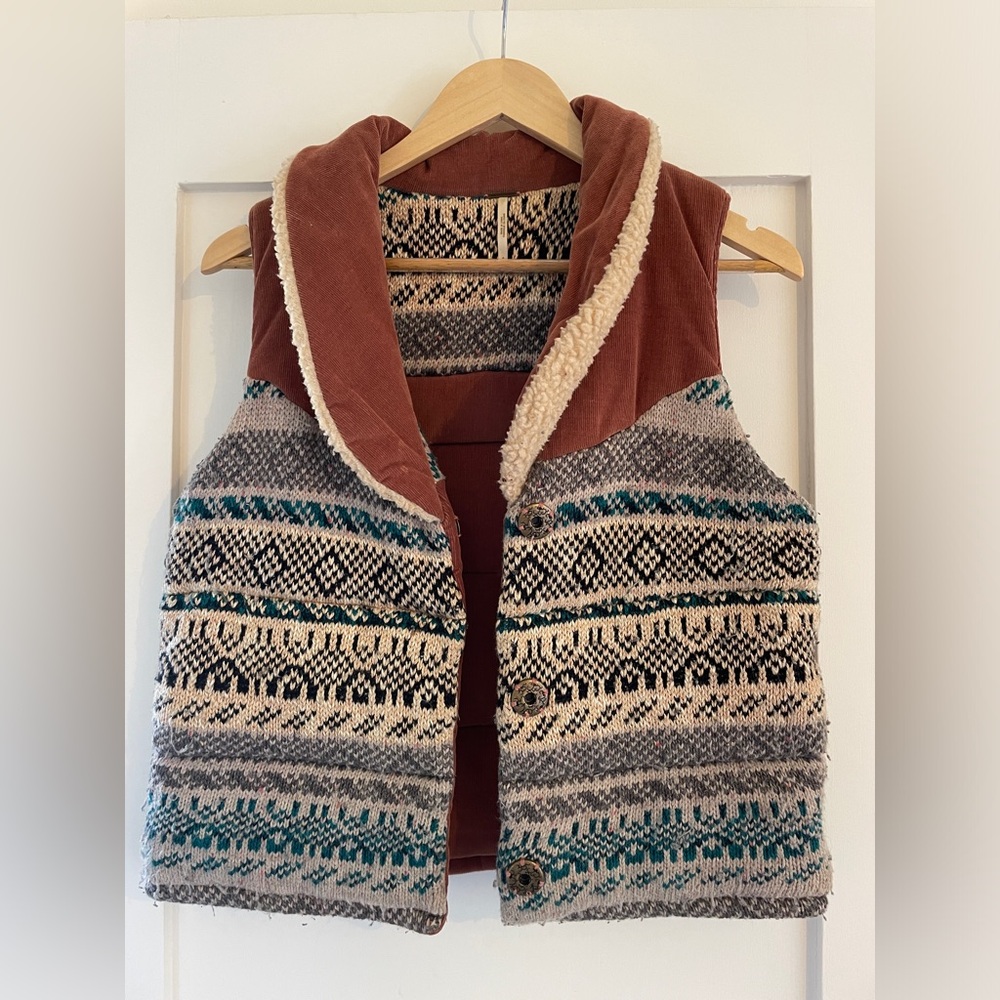 Free People Multicolor Knit Puffer Vest with Sherpa Rust Collar